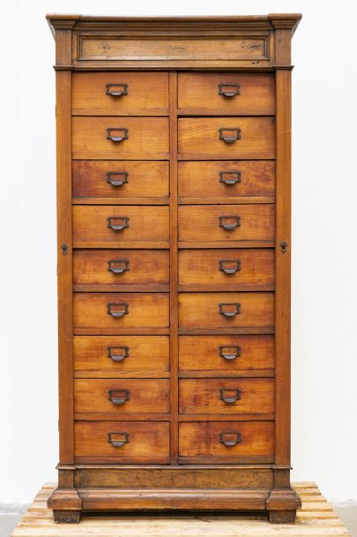 Antique oak filing cabinet with 18 drawers
